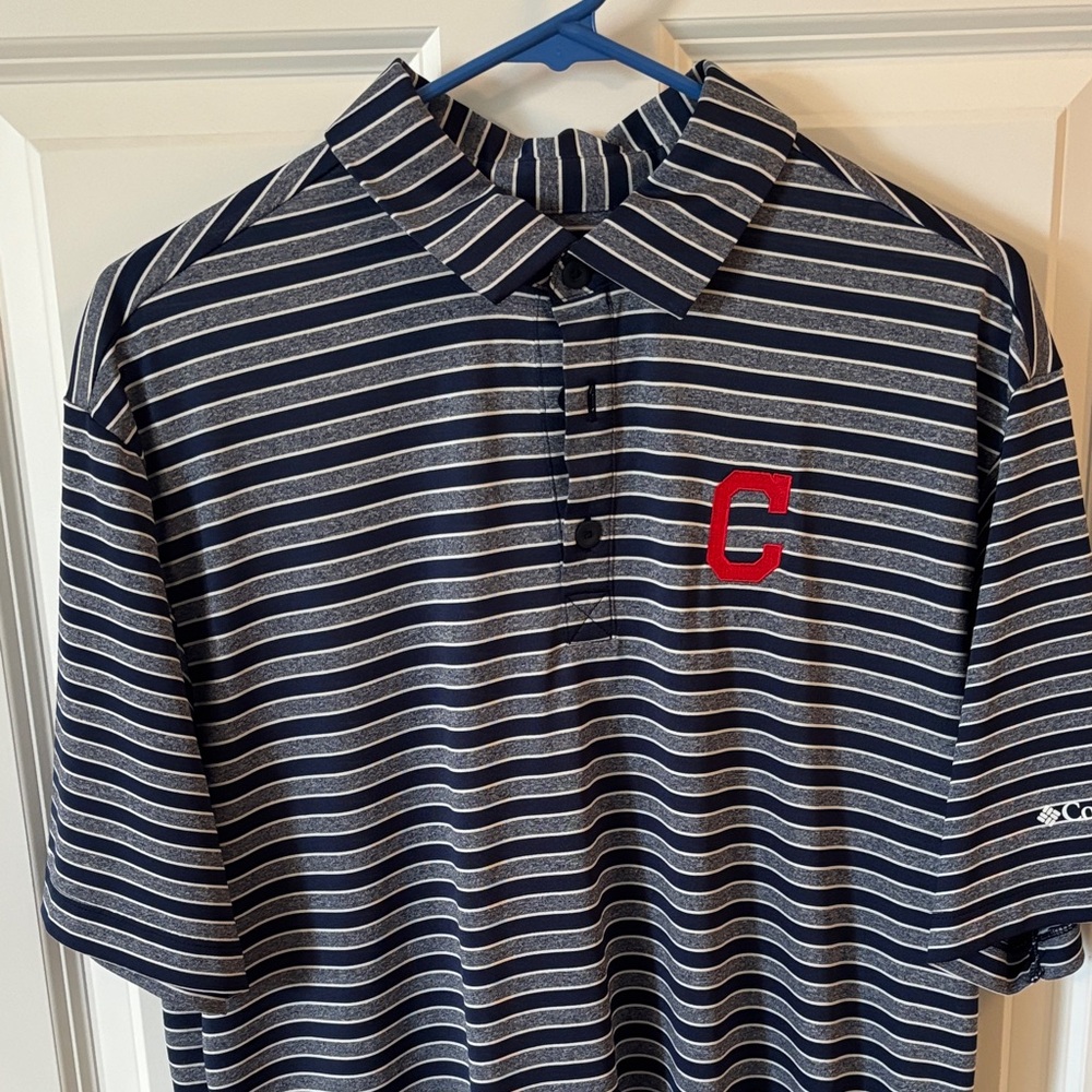 Cleveland Indians Columbia Men's Polo Shirt with Navy and White Stripes